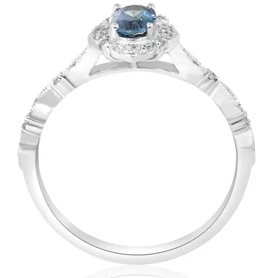 Pompeii3 3/4ct Oval Blue Sapphire Diamond Halo Vintage Engagement Ring 14k White Gold In Metallic