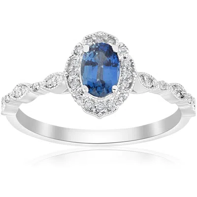 Pompeii3 3/4ct Oval Blue Sapphire Diamond Halo Vintage Engagement Ring 14k White Gold In Metallic