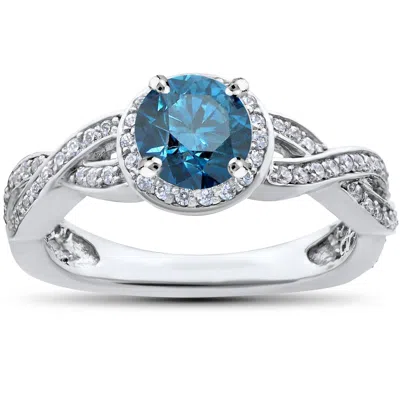 Pompeii3 3/4ct Pave Halo Blue Diamond Engagement Ring 14k White Gold In Multi