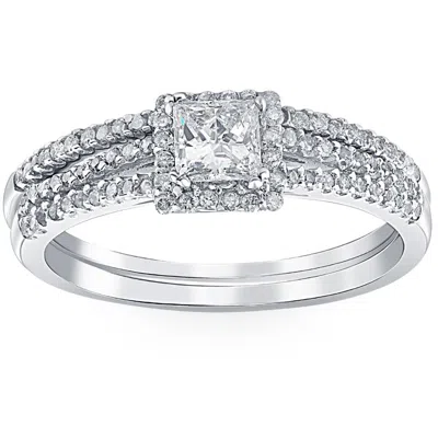 Pompeii3 3/4ct Princess Cut Split Shank Engagement Ring Set 14k White Gold In Multi
