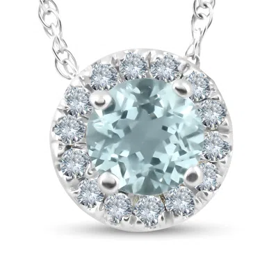 Pompeii3 3/4ct Round Diamond & Aquamarine Halo Solitaire Pendant Necklace 14k White Gold In Multi