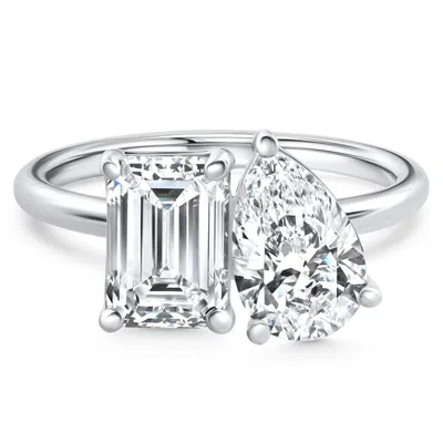 Pompeii3 3.50ct Moi Et Toi Diamond Ring Pear & Emerald Shape 14k White Gold Lab Grown In Metallic