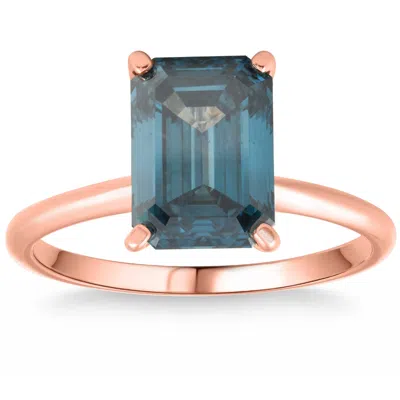 Pompeii3 3ct Blue Diamond Emerald Cut Solitaire Engagement 14k Ring Rose Gold Lab Grown