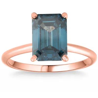 Pompeii3 3ct Blue Diamond Emerald Cut Solitaire Engagement 14k Ring Rose Gold Lab Grown In White