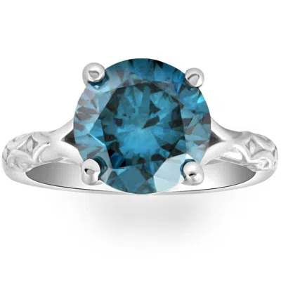 Pompeii3 3ct Blue Diamond Solitaire Vintage Engagement Ring Lab Grown In 10k White Gold