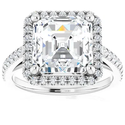 Pompeii3 4 1/2ct Asscher Cut Moissanite & Diamond Halo Engagement Ring In 10k Gold In Silver