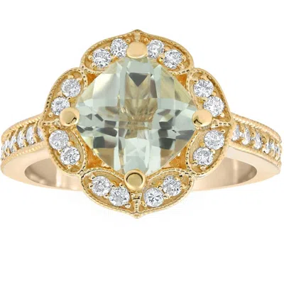 Pompeii3 4 1/2ct Green Amerthyst Cushion & Diamond Ring In 10k Yellow Gold