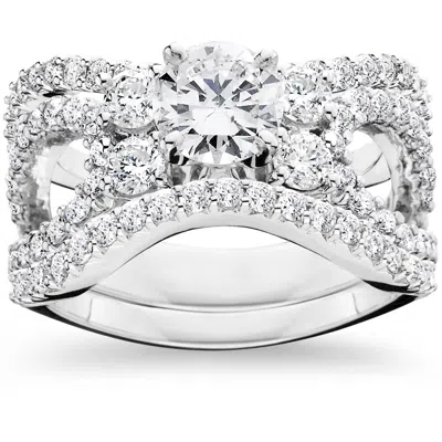 Pompeii3 4.00ct Diamond Engagement Trio Wedding Ring Set 14k White Gold In Silver