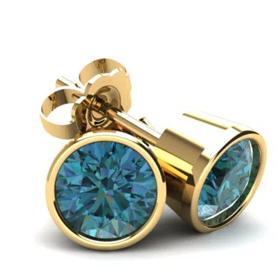 Pompeii3 .40ct Round Brilliant Cut Heat Treated Blue Diamond Stud Earrings In 14k Gold Round Bezel Setting