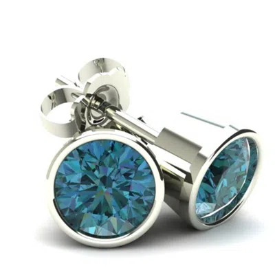 Pompeii3 .40ct Round Brilliant Cut Heat Treated Blue Diamond Stud Earrings In 14k Gold Round Bezel Setting In Metallic