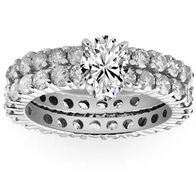 Pompeii3 4ct Oval Diamond Eternity Engagement Wedding Ring Set 10k White Gold Lab Grown In Silver