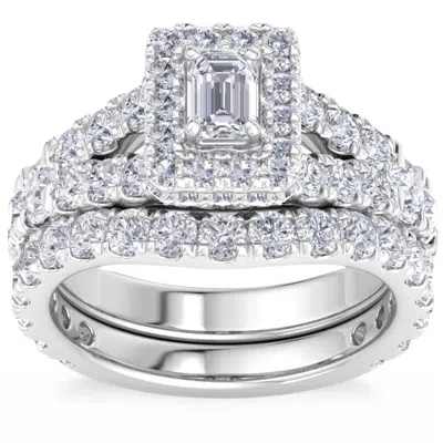 Pompeii3 4ct Tw Emerald Cut Halo Diamond Engagement Wedding Ring Set Lab Grown Gold In Silver