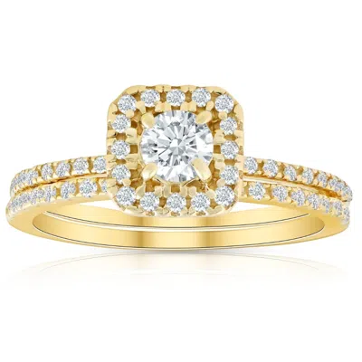 Pompeii3 5/8 Ct Tdw Diamond Cushion Halo Engagement Wedding Ring Set Yellow Gold In Multi