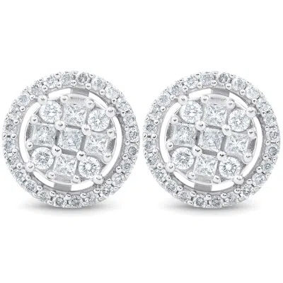 Pompeii3 5/8 Cttw Princess Cut Diamond Halo Screw Back Studs 10k White Gold 9.5mm In Silver