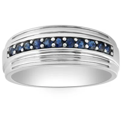 Pompeii3 5/8ct Blue Sapphire Band Men's Wedding Ring In White, Yellow, Or Rose Gold In Multi