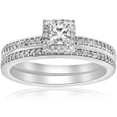 Pompeii3 5/8ct Princess Cut Diamond Engagement Matching Wedding Halo Ring Set White Gold In Multi
