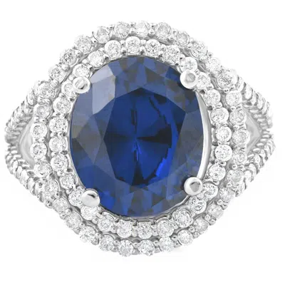 Pompeii3 6 1/5 Ct Diamond Oval Blue Sapphire Diamond Double Halo Ring 10k White Gold