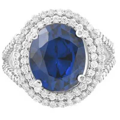 Pompeii3 6 1/5 Ct Diamond Oval Blue Sapphire Diamond Double Halo Ring 10k White Gold In Multi