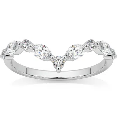 Pompeii3 .60ct Diamond Guard Insert V Shape Marquise Wedding Ring 14k Gold Lab Grown In Silver