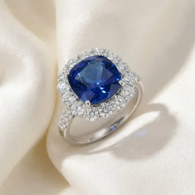 Pompeii3 6.93ct Tw Natural Diamond Cushion Ring 14k White Gold Lab Grown Sapphire Size: 7 In Blue