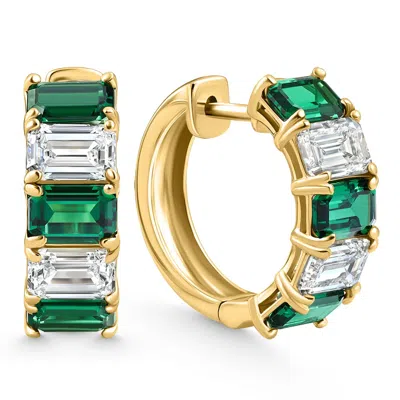 Pompeii3 6ct Emerald & Diamond Hoops 14k Yellow Gold Lab Grown 3/4" Tall In Multi