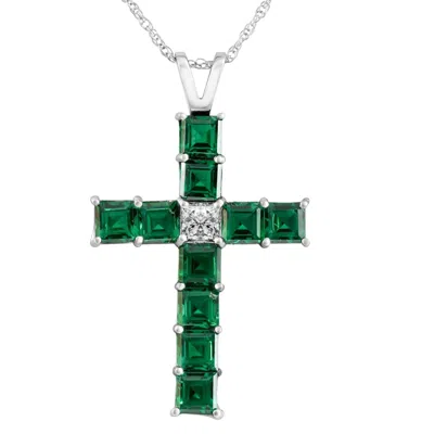 Pompeii3 6ct Tw Princess Cut Diamond & Emerald Cross Pendant Necklace Gold Lab Grown In Green