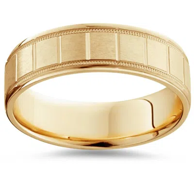 Pompeii3 6mm Flat Brushed Hand Carved Mens 14k Yellow Gold Flat Wedding Band In Multi