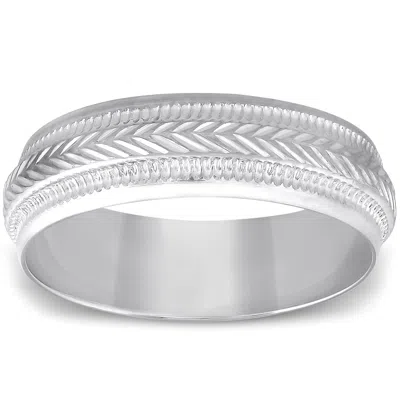 Pompeii3 6mm Mens 10k White Gold Brushed Hand Carved Pattern Wedding Band Size Selectable In Multi