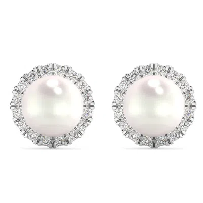 Pompeii3 6mm Pearl & Diamond Halo Studs Women's 14k Gold Earrings Lab Grown In Silver