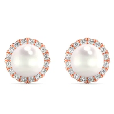 Pompeii3 6mm Pearl & Diamond Halo Studs Women's 14k Gold Earrings Lab Grown In White
