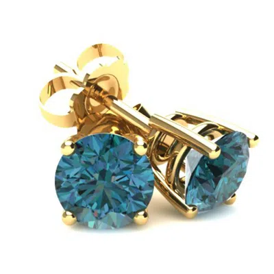 Pompeii3 .75ct Round Brilliant Cut Heat Treated Blue Diamond Stud Earrings In 14k Gold Basket Setting