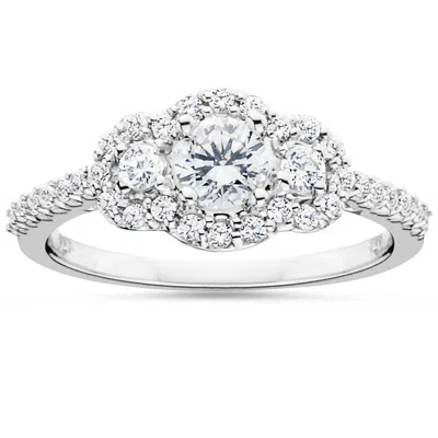 Pompeii3 7/8 Carat 3-stone Halo Diamond Anniversary Engagement Ring Solitaire White Gold In Multi