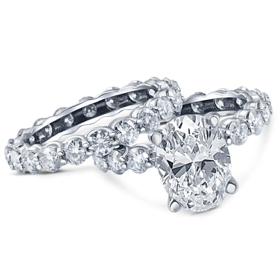 Pompeii3 7ct Moissanite Oval Eternity Engagement Wedding Ring Set In 14k White Gold In Silver