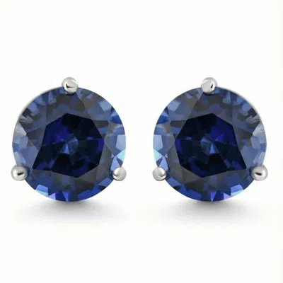 Pompeii3 7ct Round Blue Sapphire Studs 9mm Women's 14k Earring 3 Prong Martini Lab Grown In White