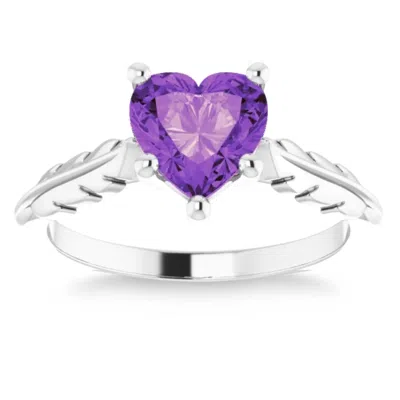 Pompeii3 7mm Amethyst Solitaire Heart Shape Leaf Accent Ring In 14k White Or Yellow Gold In Purple