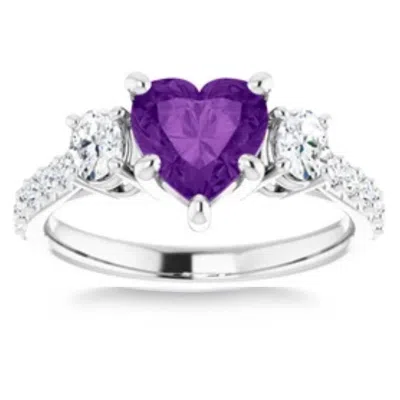 Pompeii3 7mm Amethyst Three-stone Diamond Heart Shape Ring In 14k White Or Yellow Gold In Purple