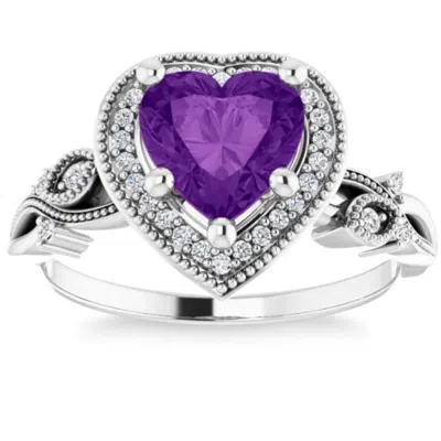Pompeii3 7mm Amethyst Vintage Diamond Heart Shape Halo Ring In 14k White Or Yellow Gold In Purple