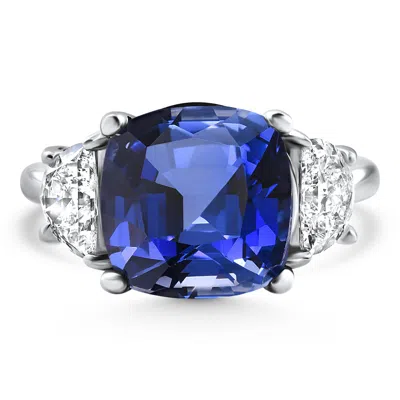 Pompeii3 8.50ct Tw Cushion Blue Sapphire & Diamond 3-stone Ring 14k White Gold Lab Grown