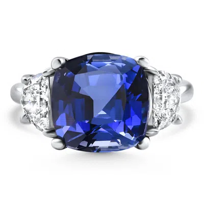 Pompeii3 8.50ct Tw Cushion Blue Sapphire & Diamond 3-stone Ring 14k White Gold Lab Grown In Orange