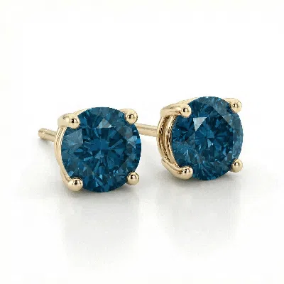 Pompeii3 .85ct Round Brilliant Cut Blue Diamond Studs 14k Gold Earrings In Metallic