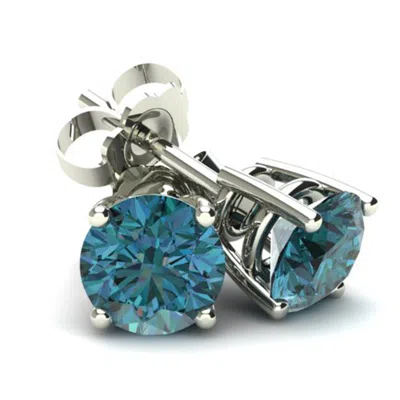 Pompeii3 .85ct Round Brilliant Cut Heat Treated Blue Diamond Stud Earrings In 14k Gold Basket Setting In White