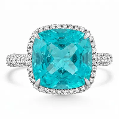 Pompeii3 9.50ct Tw Cushion Paraíba & Pave Diamond Ring 14k White Gold Lab Grown Size: 6 In Multi