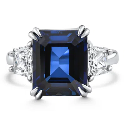 Pompeii3 Blue Sapphire & Diamond Three Stone Anniversary Ring 14k White Gold Lab Grown