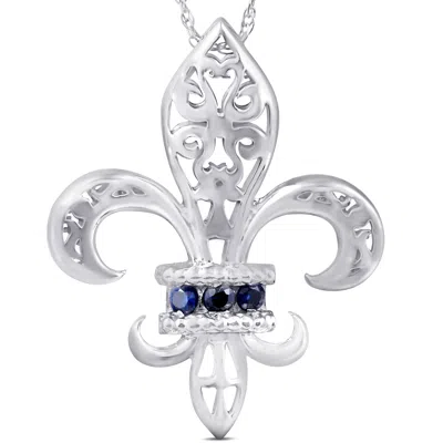 Pompeii3 Blue Sapphire Vintage Fleur De Lis Pendant 10kt White Gold W/ 18" Chain 1" Tall In Multi