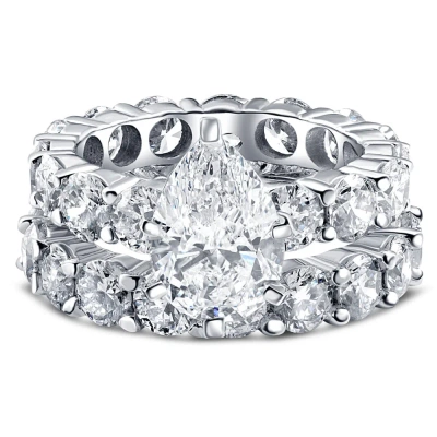 Pompeii3 Certified 13ct Pear Shape Diamond Eternity Wedding Ring Set 14k Gold Lab Grown In Silver