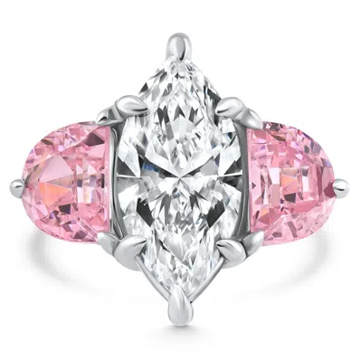 Pompeii3 Certified 15.05ct Marquise Diamond & Pink Topaz 3 Stone Ring 14k Gold Lab Grown In White