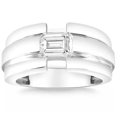 Pompeii3 Certified 2 1/2ct Emerald Cut Solitaire Diamond Ring 10k Gold Lab Grown Men's In Silver