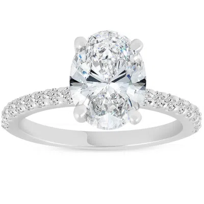 Pompeii3 Certified 3 3/8ct Oval Diamond Engagement Ring Hidden Halo Lab Grown White Gold In Metallic