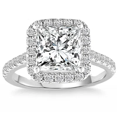 Pompeii3 Certified 3.80ct Princess Cut Halo Diamond Engagement Ring 14k White Gold In Silver