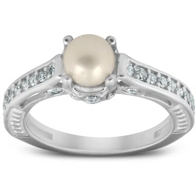 Pompeii3 Diamond Pearl Vintage Gatsby Style Ring 14k White Gold In Silver